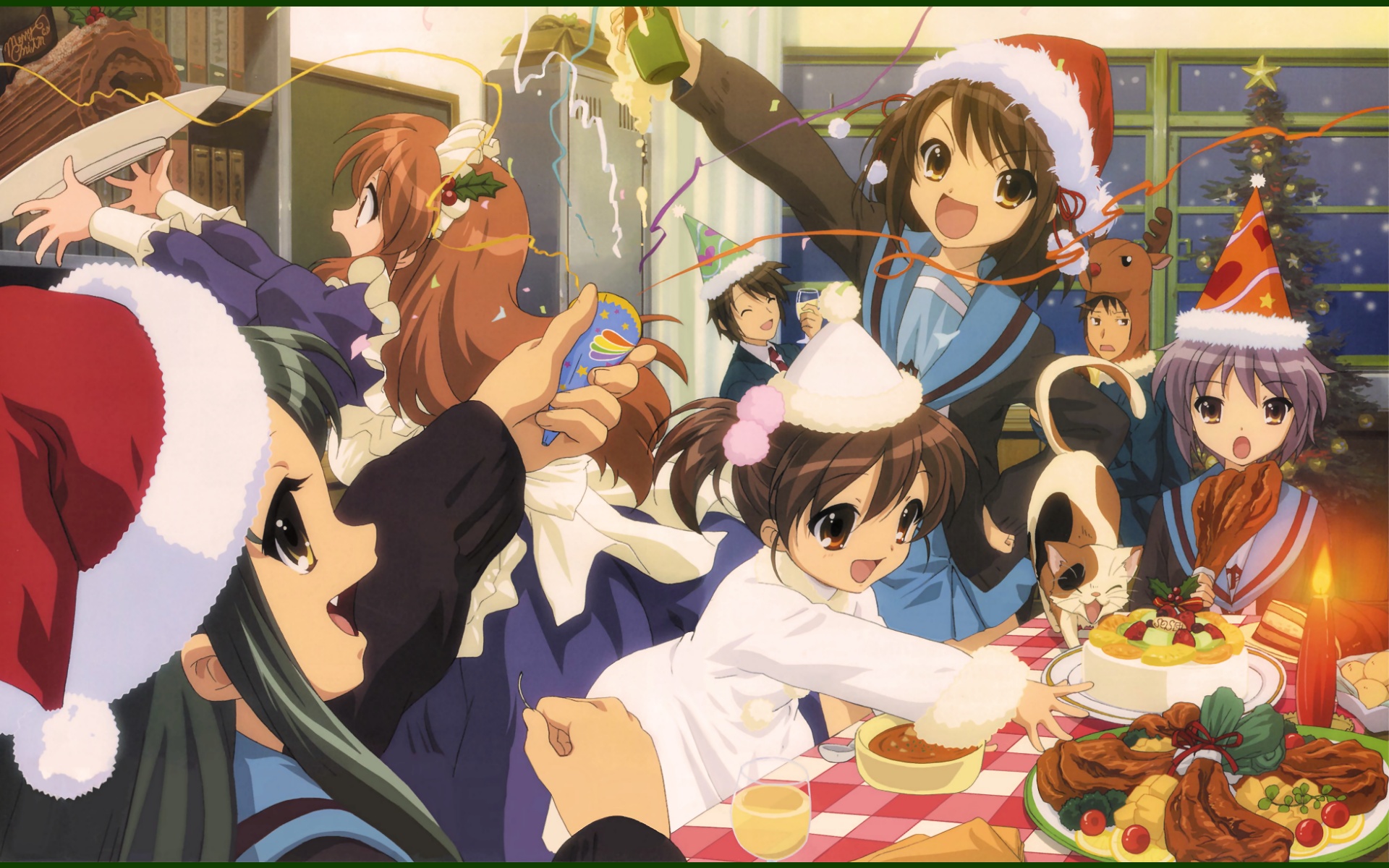 animal, animal_ears, asahina_mikuru, cat, catgirl, christmas, drink, fang, food, group, koizumi_itsuki, kyon, kyon_no_imouto, loli, maid, male, nagato_yuki, shami, shamisen, suzumiya_haruhi, suzumiya_haruhi_no_yuutsu, tsuruya