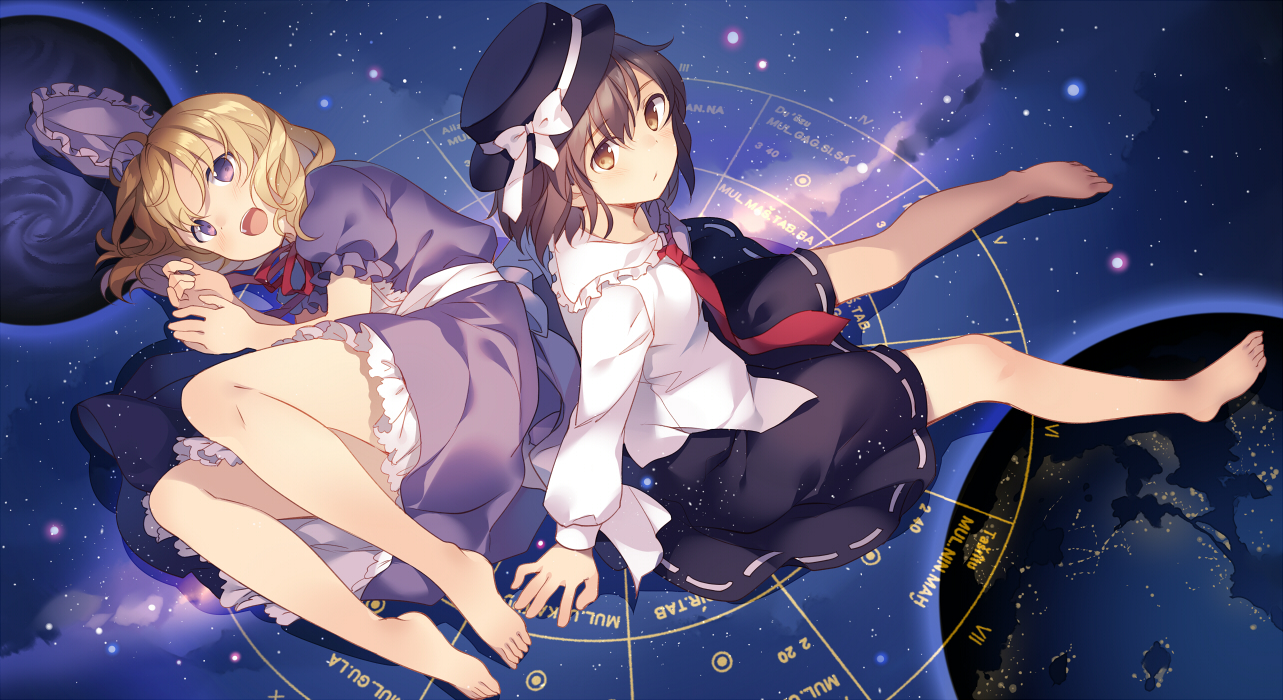 2girls, barefoot, blonde_hair, brown_eyes, brown_hair, dress, hat, maribel_han