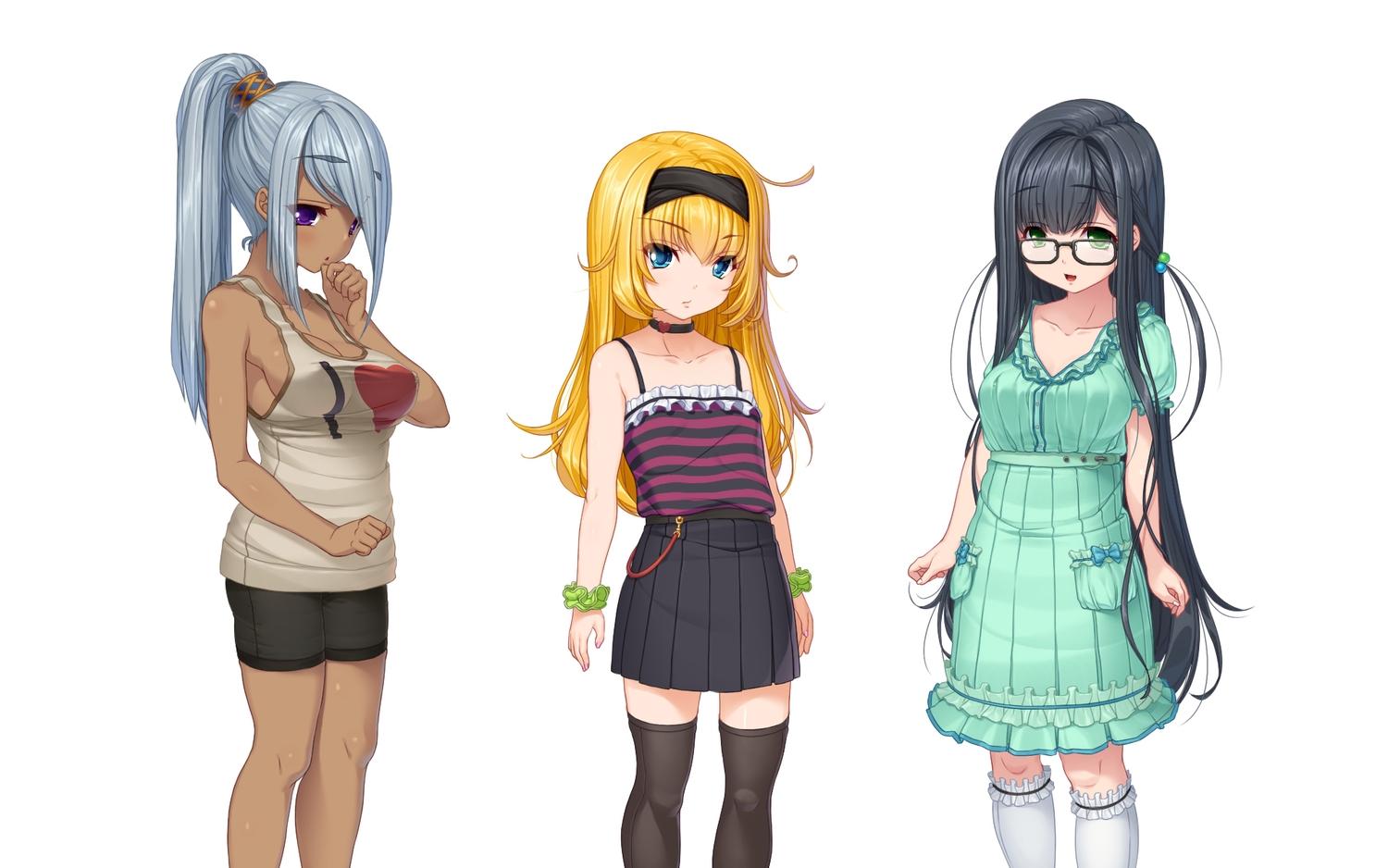 black_hair, blonde_hair, blue_eyes, blush, breasts, cleavage, collar, dark_skin