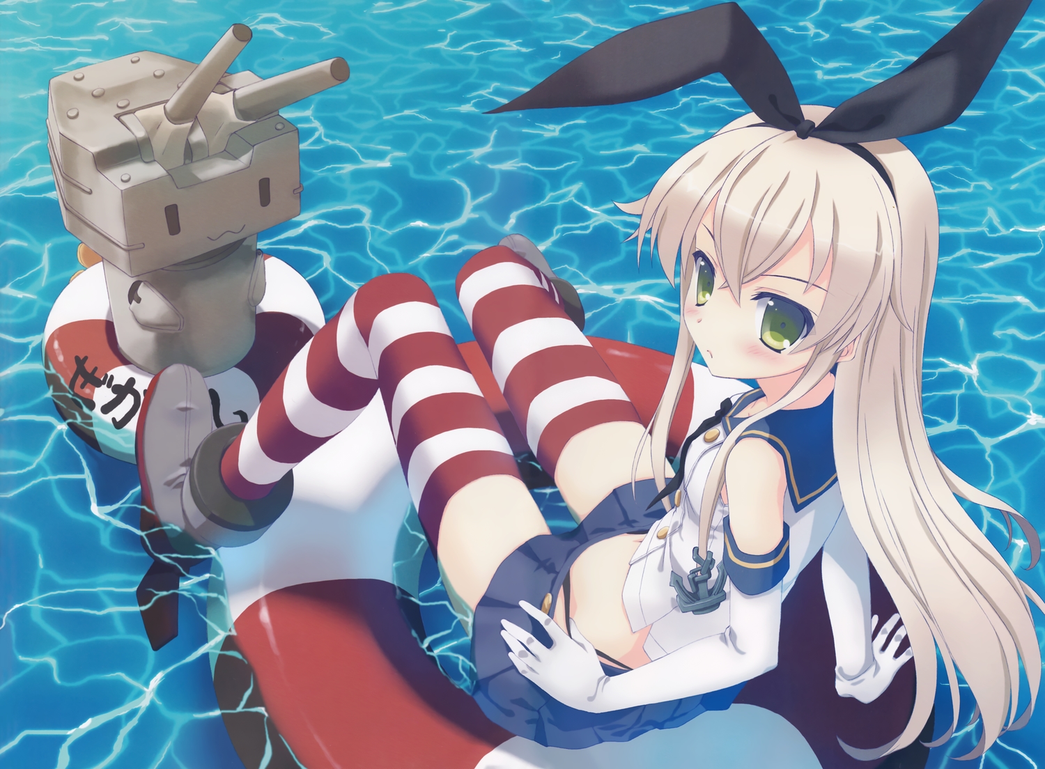 anthropomorphism, blonde_hair, blush, elbow_gloves, gloves, green_eyes, headband, kantai_collection, long_hair, nanao_naru, rensouhou-chan, scan, shimakaze_(kancolle), skirt, swim_ring, thighhighs, water