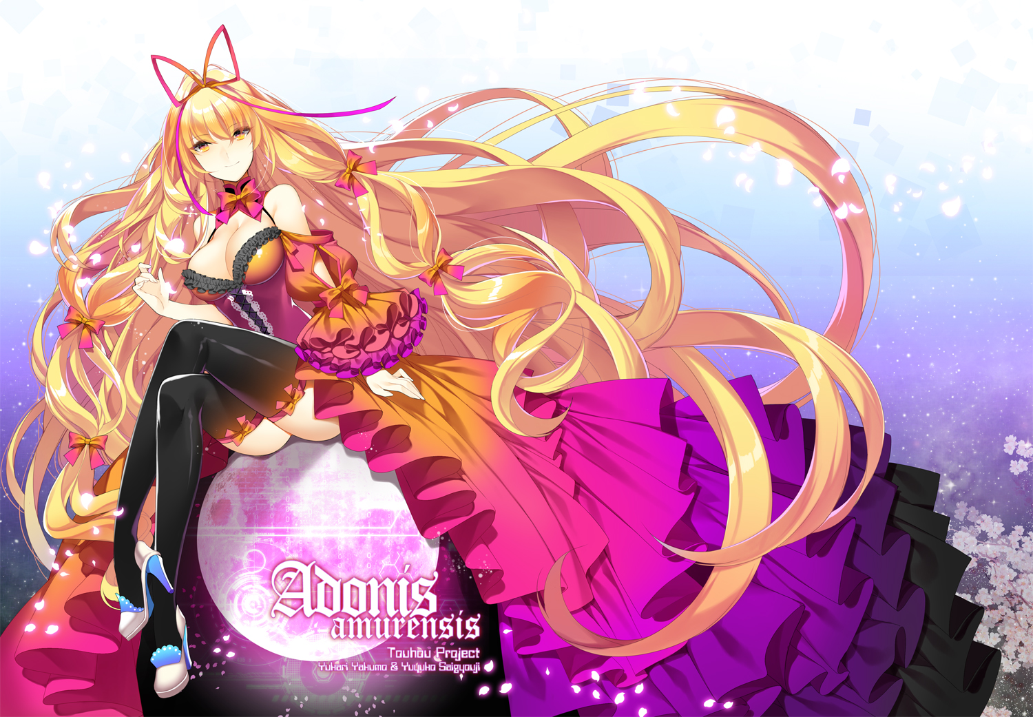 blonde_hair, breasts, cleavage, dress, jeminl, long_hair, thighhighs, touhou, yakumo_yukari, yellow_eyes