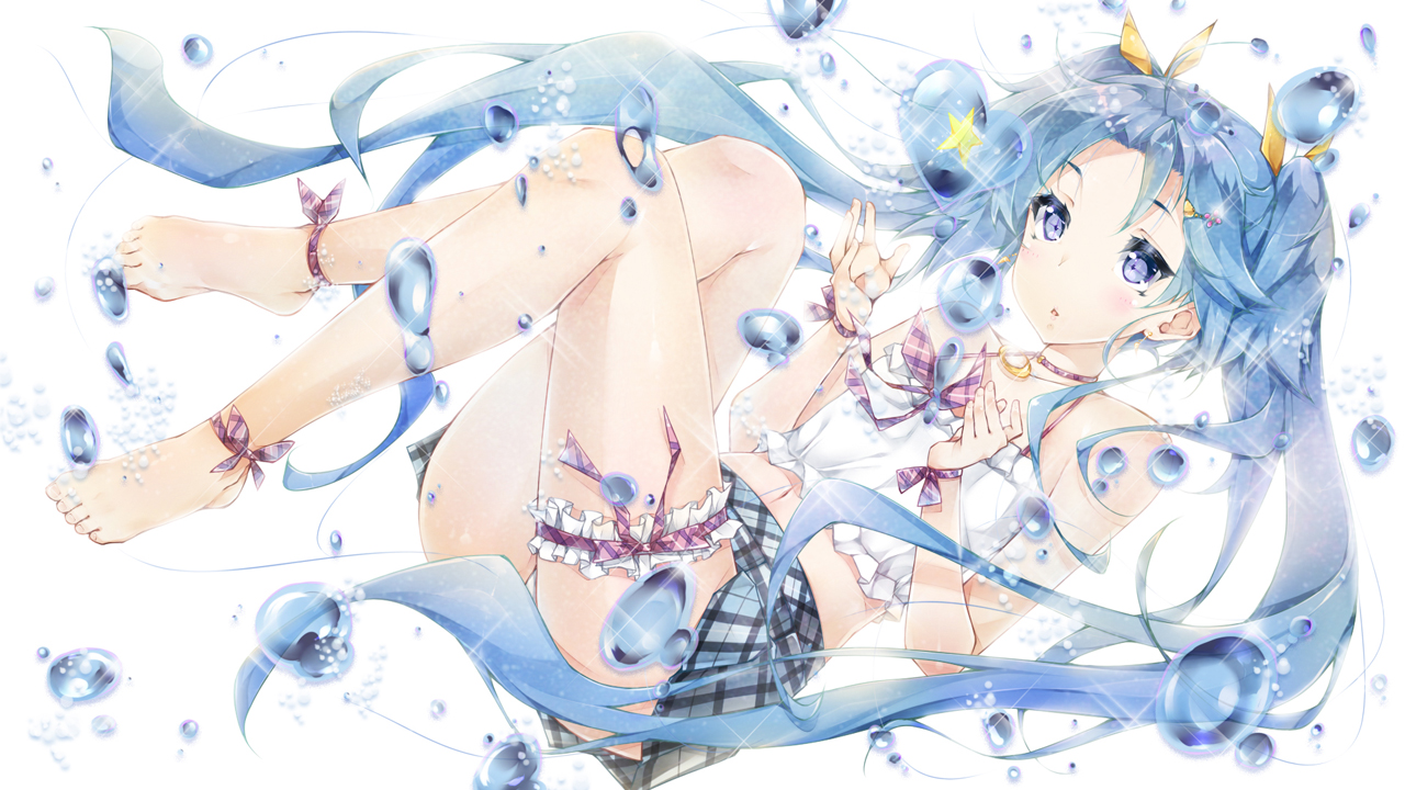 barefoot, blue_eyes, blue_hair, bubbles, garter, hatsune_miku, long_hair, skirt, twintails, vocaloid, yukinon