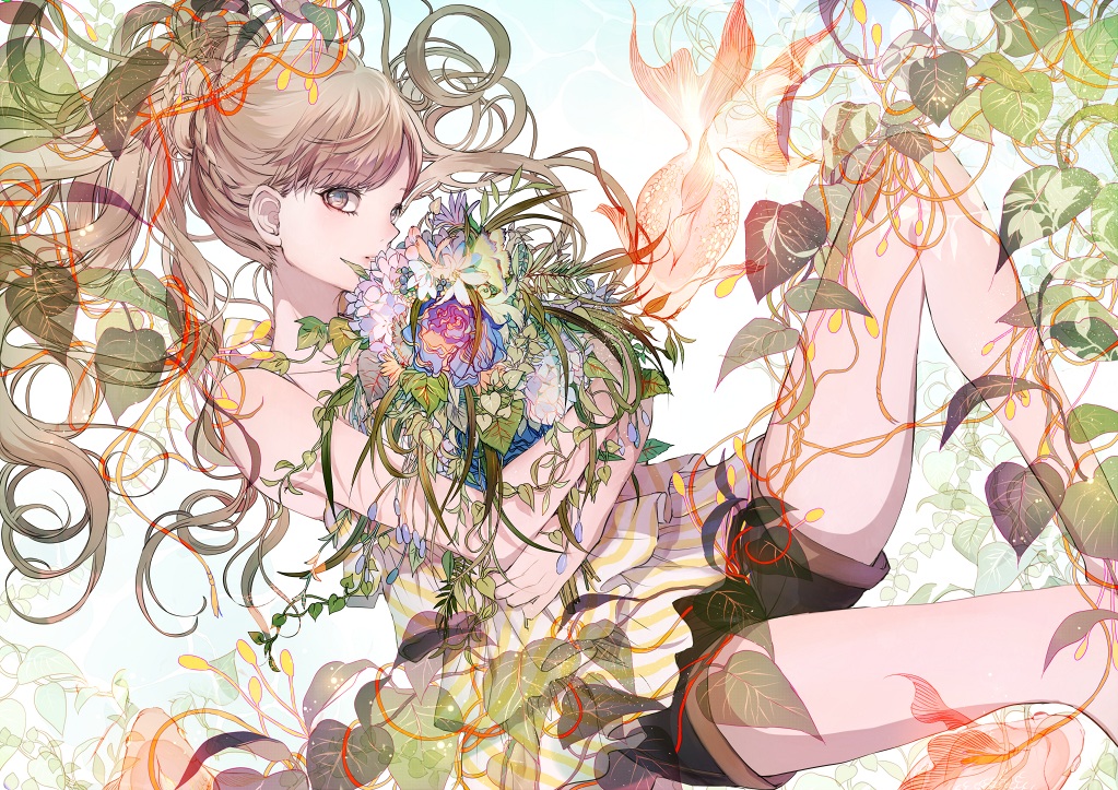animal, fish, flowers, leaves, original, tagme, tsukioka_tsukiho