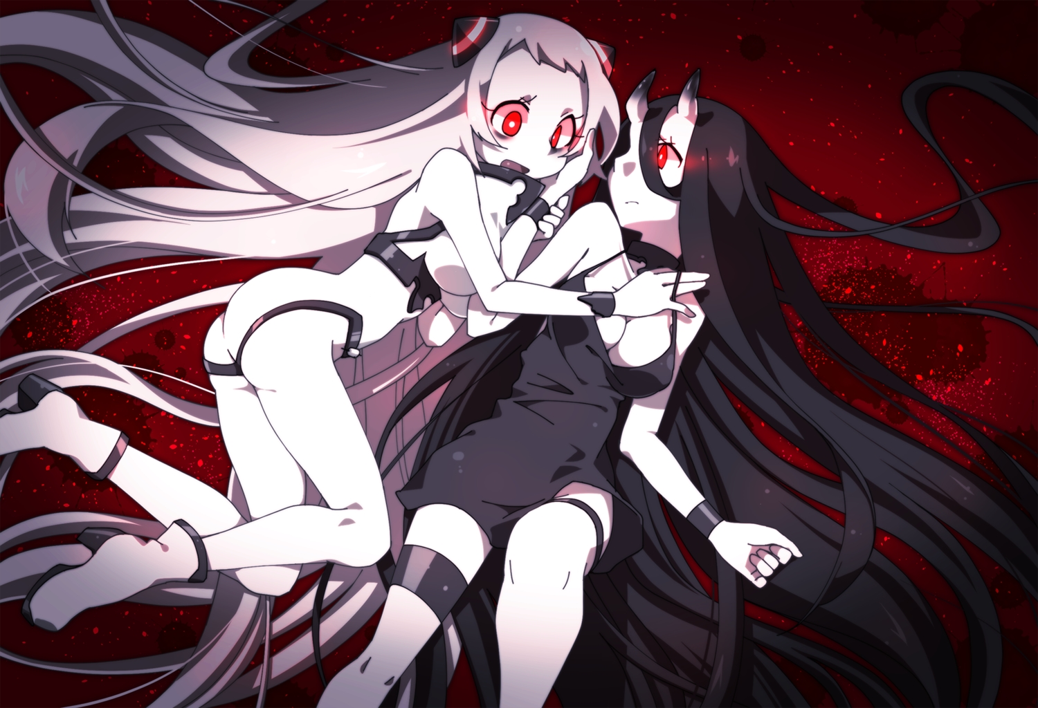 2girls, airfield_hime, anthropomorphism, battleship_hime, black_hair, bodysuit, breasts, cleavage, dress, hime_takeo, horns, kantai_collection, long_hair, red_eyes, shoujo_ai, white_hair, wristwear