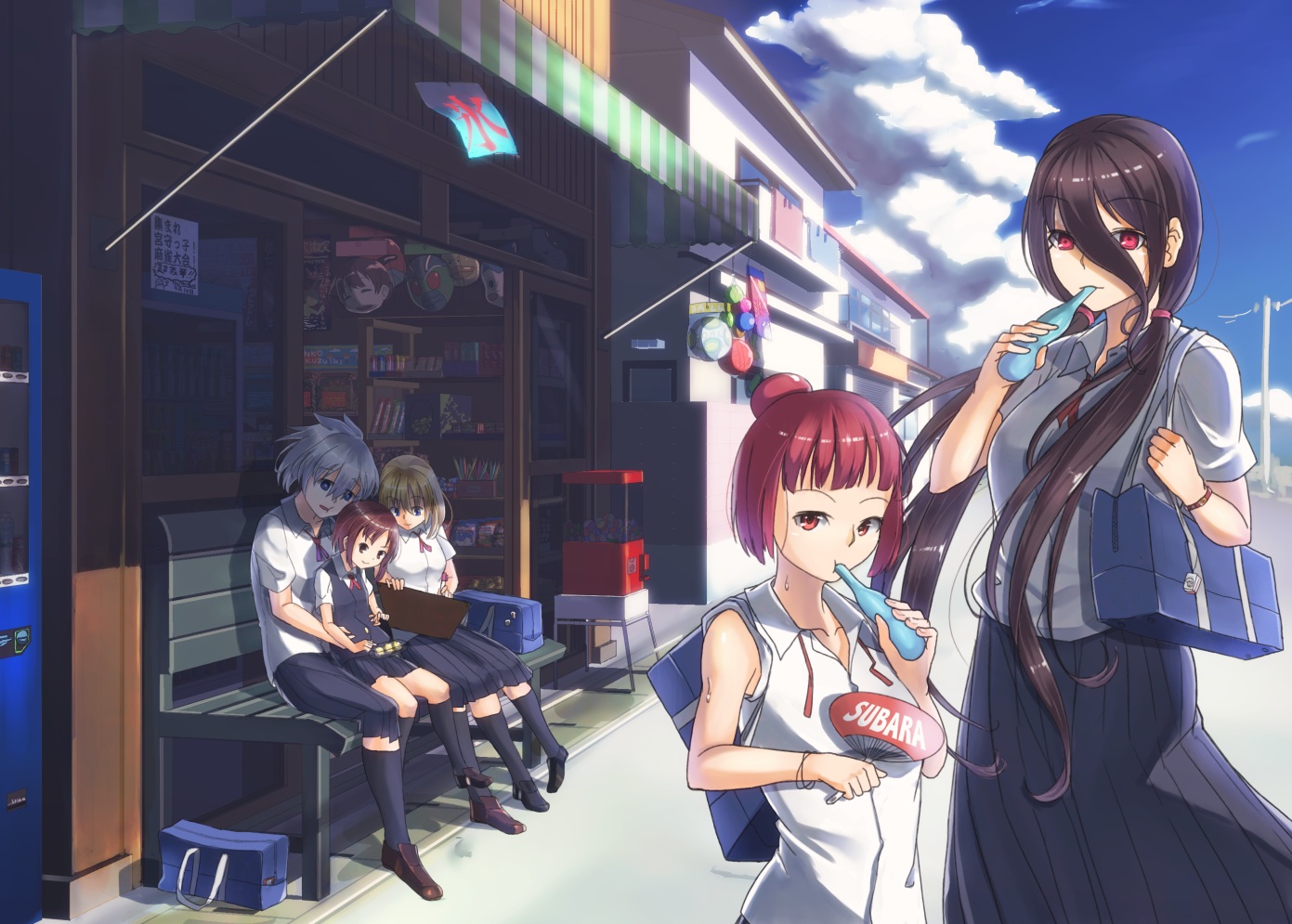 anetai_toyone, black_hair, blonde_hair, fan, group, kneehighs, kosegawa_shiromi, long_hair, red_eyes, red_hair, saki, school_uniform, short_hair, summer, tagme_(character), usuzawa_sae, white_hair, yamaori_(yamaorimon)