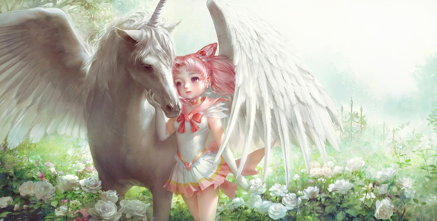 animal, chibiusa, dress, elbow_gloves, flowers, gloves, hao6578300, helios, horse, loli, long_hair, pegasus, pink_eyes, pink_hair, rose, sailor_chibi_moon, sailor_moon