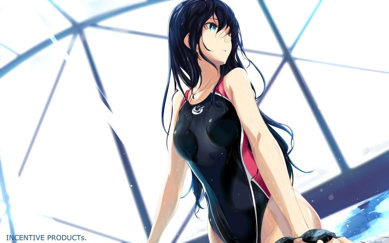 black_hair, blue_eyes, long_hair, maccyon, original, swimsuit, water, wet