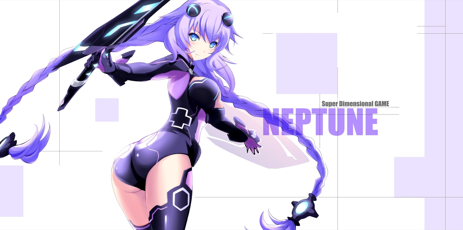 ass, blue_eyes, bodysuit, hyperdimension_neptunia, jpeg_artifacts, long_hair, maccyon, neptune, purple_hair, purple_heart, twintails