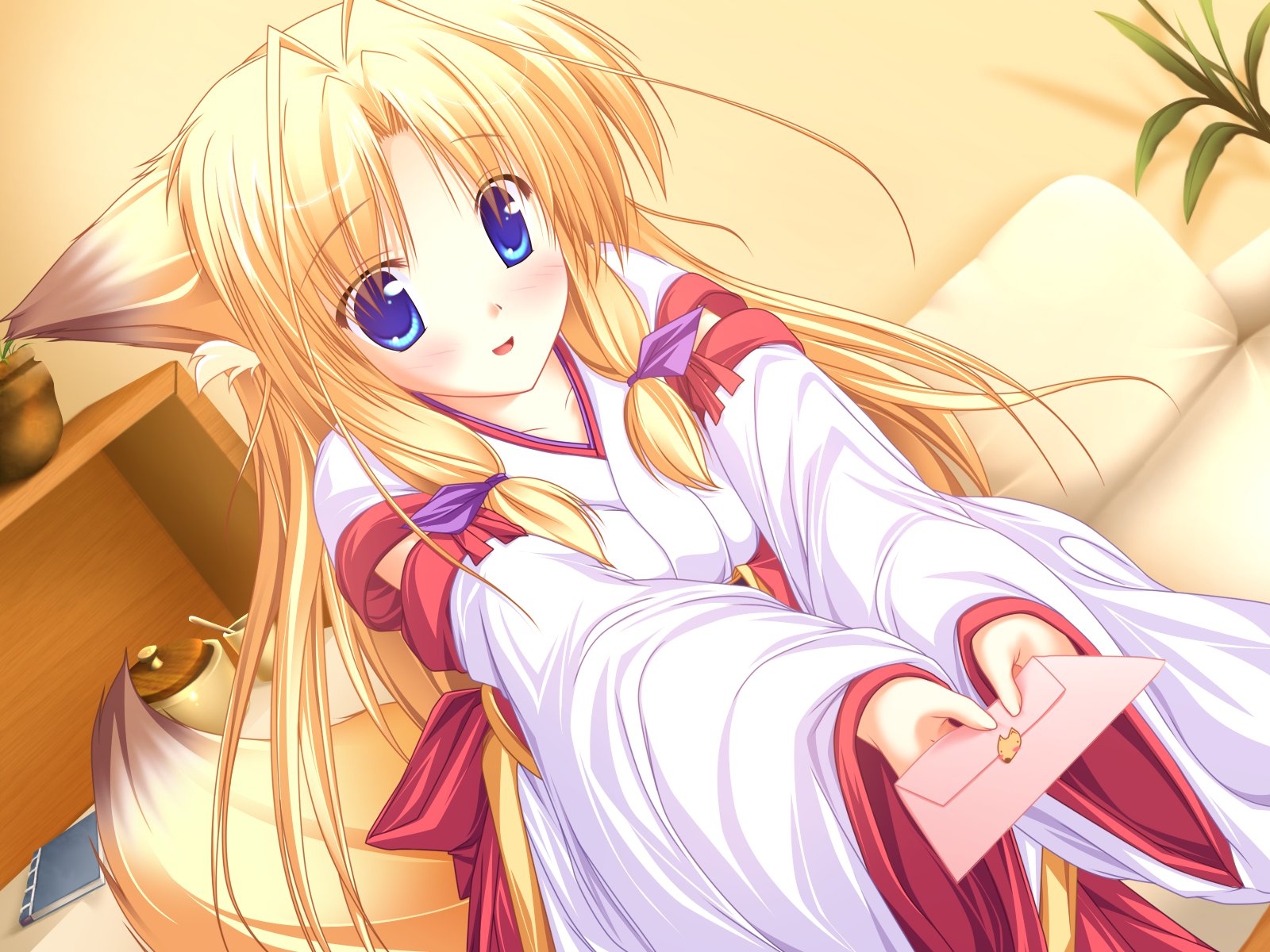 animal_ears, blonde_hair, blue_eyes, blush, foxgirl, game_cg, inakoi, japanese_clothes