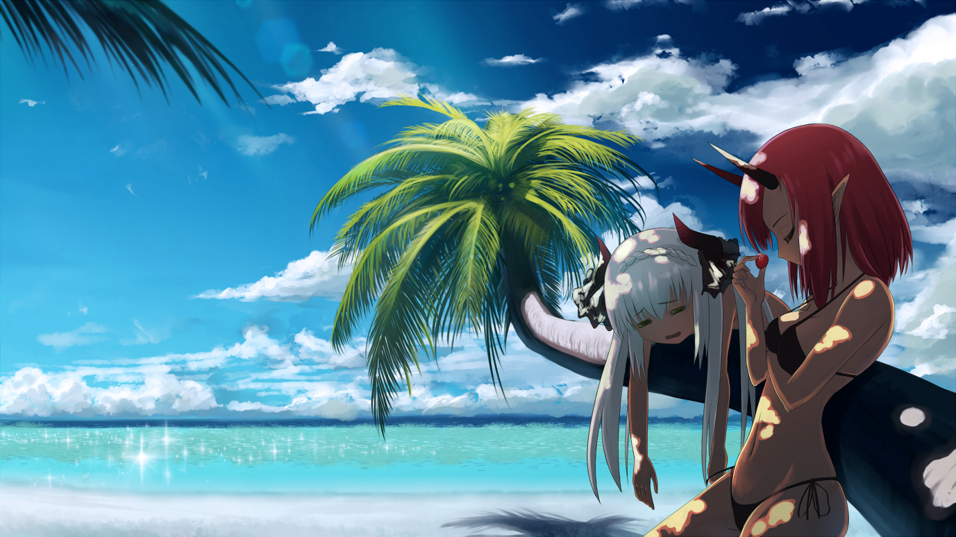 2girls, beach, bikini, food, fruit, horns, long_hair, navel
