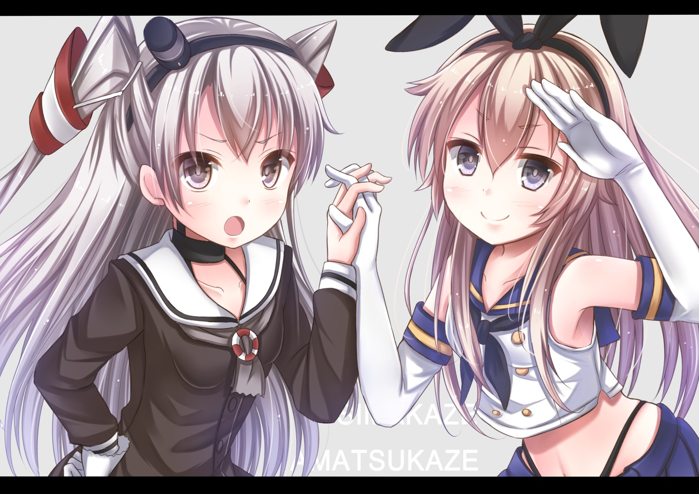 2girls, amatsukaze_(kancolle), anthropomorphism, blonde_hair, elbow_gloves, gloves, gray_eyes, gray_hair, headband, kantai_collection, long_hair, mitsuki_yuu, navel, school_uniform, shimakaze_(kancolle), skirt, twintails