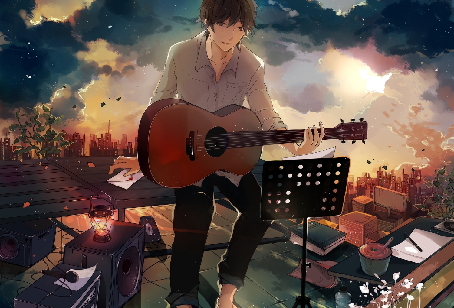 all_male, book, brown_hair, city, clouds, drink, food, gray_eyes, guitar, instrument, leaves, lvycqt, male, microphone, nico_nico_singer, paper, short_hair