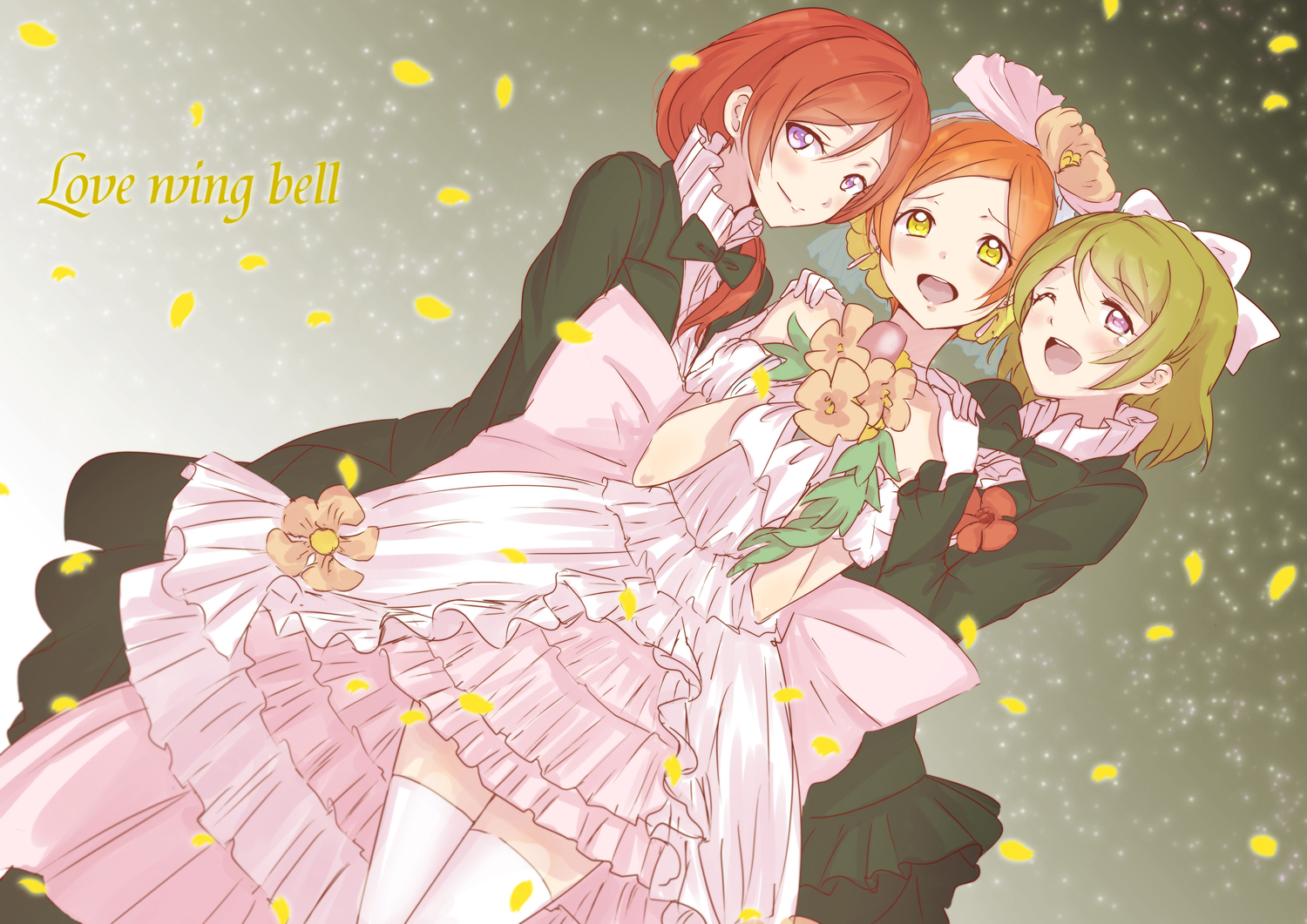 alpha_(smashbox), bow, dress, hoshizora_rin, koizumi_hanayo, love_live!_school_idol_project, nishikino_maki, petals, zettai_ryouiki