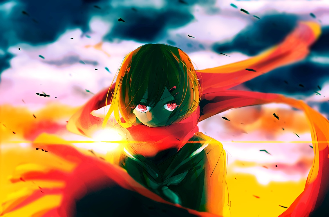 kagerou_project, kokeshi_ya, red_eyes, scarf, sunset, tateyama_ayano