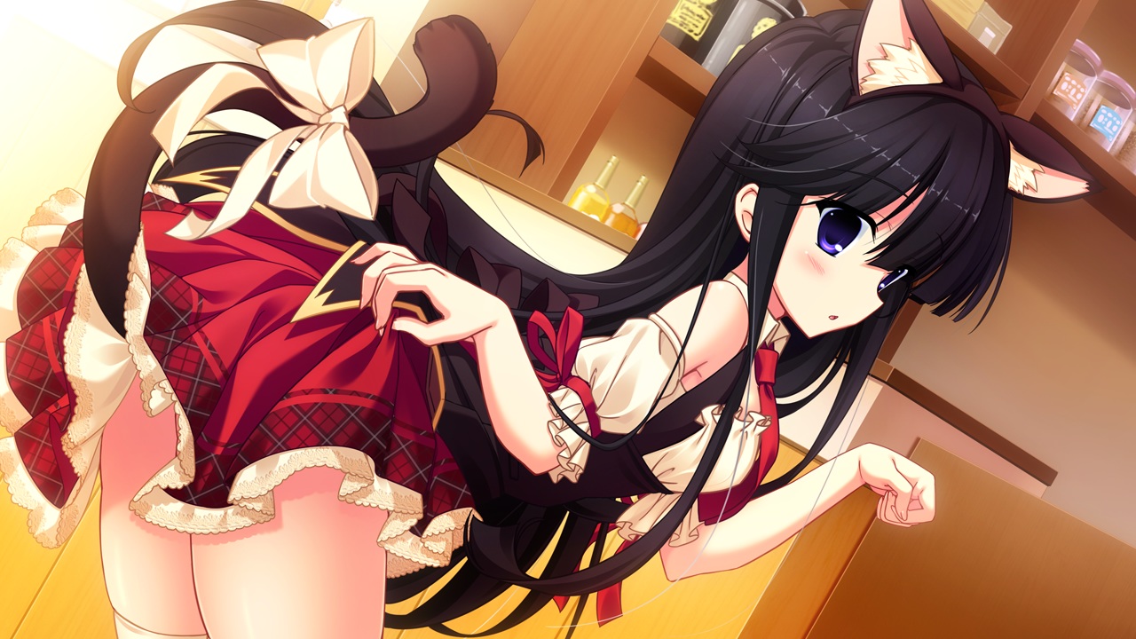 animal_ears, black_hair, bow, catgirl, futami_iori, game_cg, long_hair, love_sweets, moonstone, purple_eyes, sakurazaka_tsuchiyu, tail