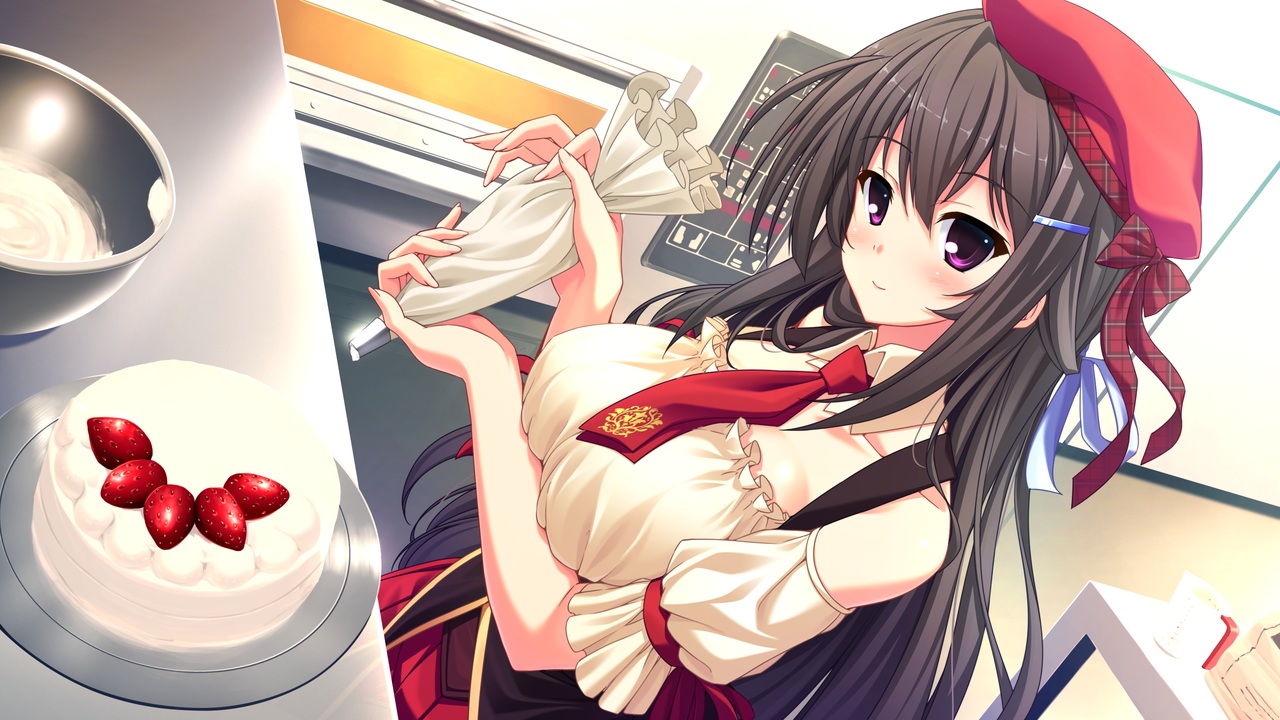 brown_hair, cake, food, game_cg, hat, long_hair, love_sweets, moonstone, otonashi_kanae, purple_eyes, sakurazaka_tsuchiyu, tie