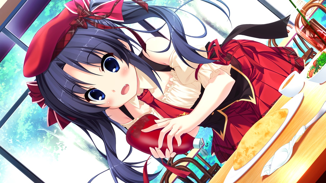 black_hair, blue_eyes, fang, food, game_cg, hat, long_hair, love_sweets
