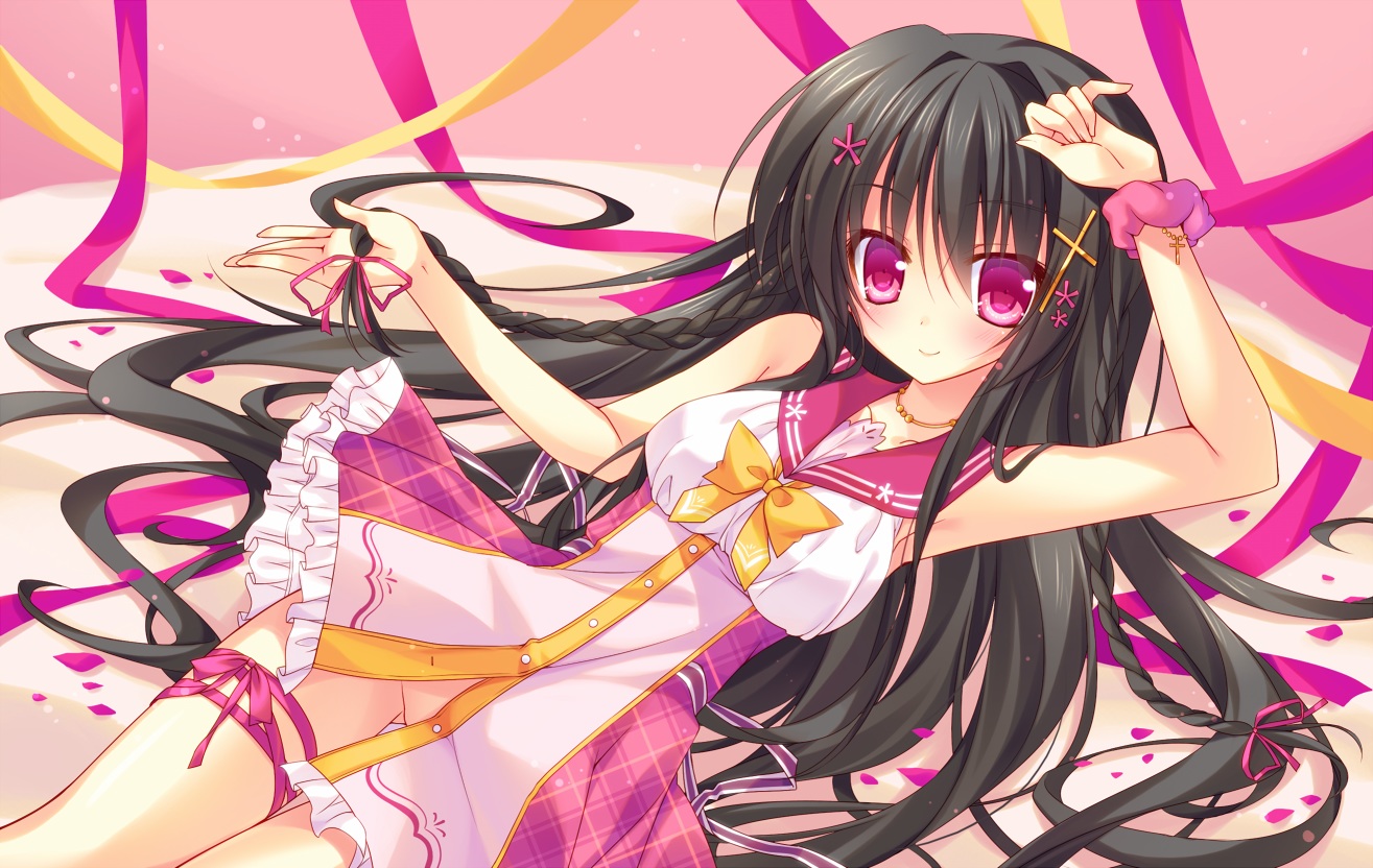 black_hair, bow, cross, dress, long_hair, nakada_rumi, necklace, original, petals, pink_eyes, ribbons, wristwear
