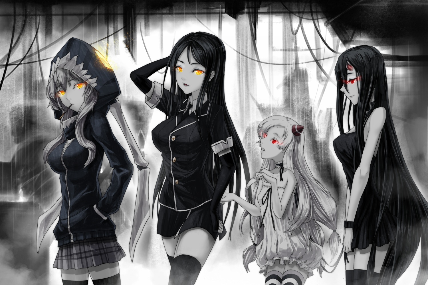 airfield_hime, anthropomorphism, battleship_hime, black_hair, choker, ddddddd, dress, food