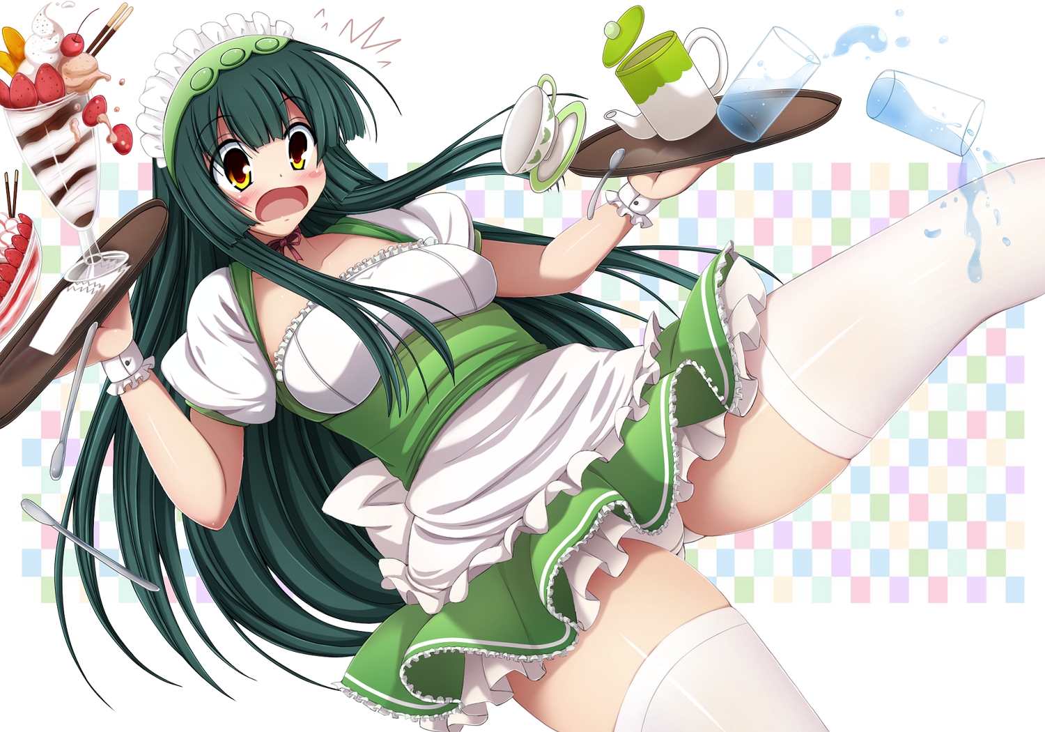 blush, cherry, drink, food, fruit, green_hair, headdress, ice_cream
