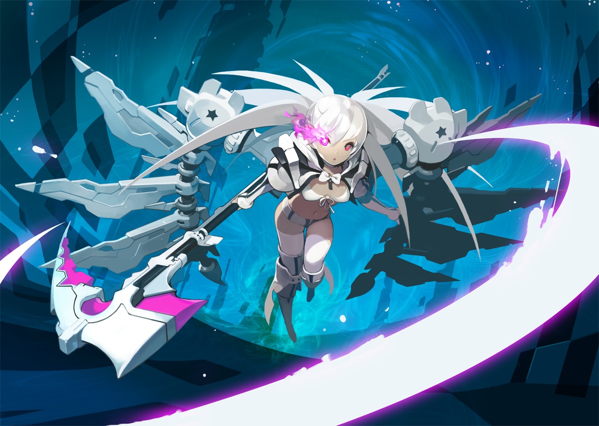 akito1179, black_rock_shooter, dark_skin, scythe, weapon, white_hair, white_rock_shooter