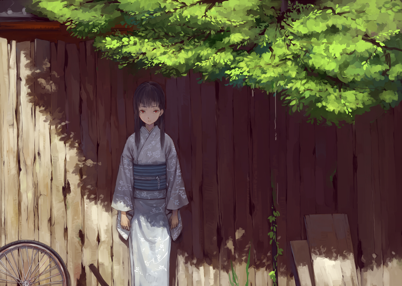 black_hair, japanese_clothes, kimono, long_hair, original, red_eyes, shade, suzu_no