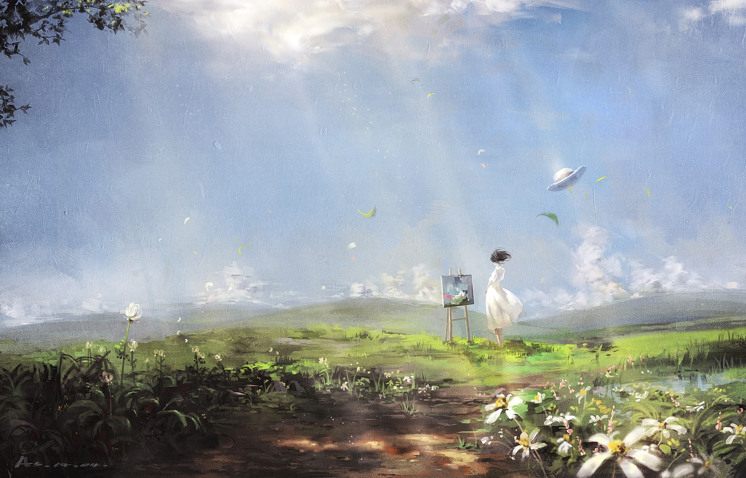 a-shacho, black_hair, clouds, dress, flowers, hat, kaze_tachinu, landscape, scenic, signed, sky