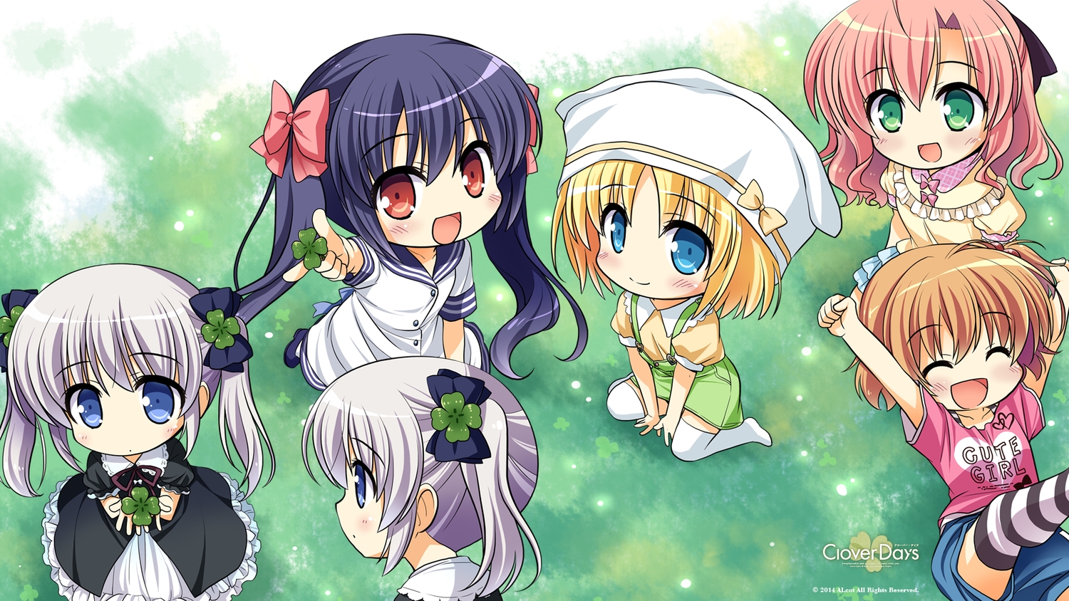alcot, blonde_hair, blue_eyes, blue_hair, blush, chibi, clover_day's, dress