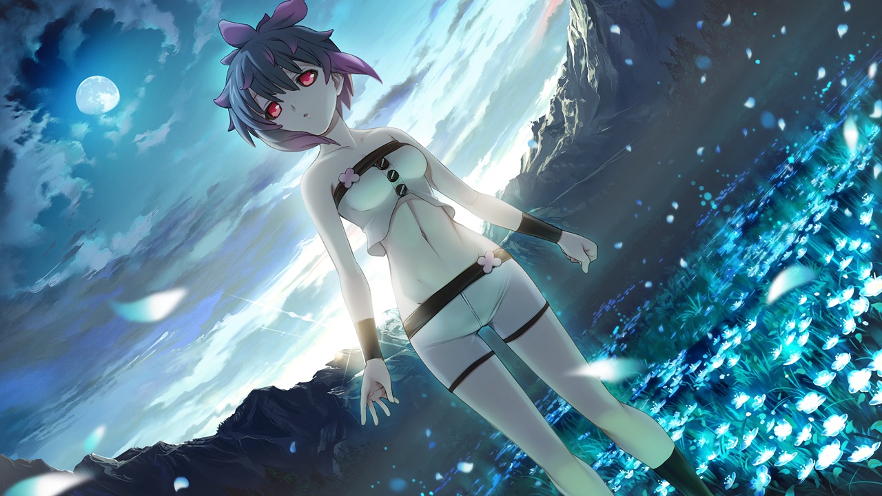 alice_soft, blue_hair, flowers, game_cg, moon, navel, orion, pigu_geliciam, rance_ix, red_eyes, scenic