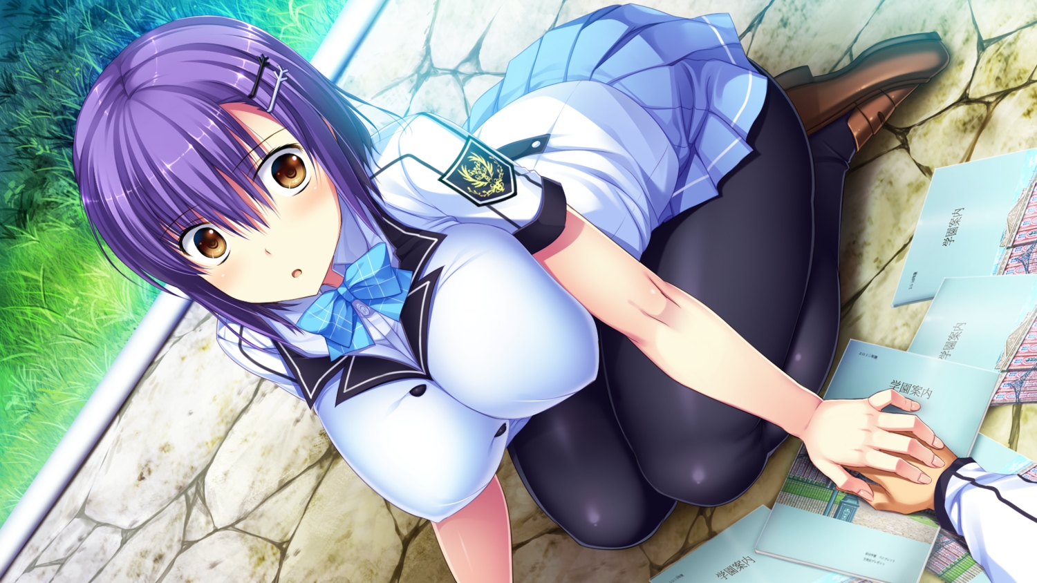 amakura, game_cg, nishinomiya_yuuri, pantyhose, purple_hair, root_nuko, school_uniform, short_hair
