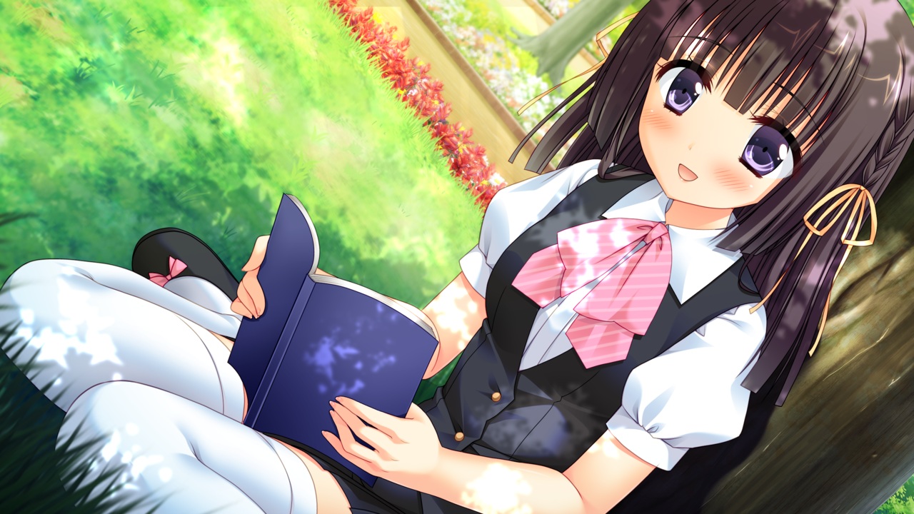 black_hair, book, bow, game_cg, kizuki_erika, long_hair, natsu_koi_high_pressure, purple_eyes