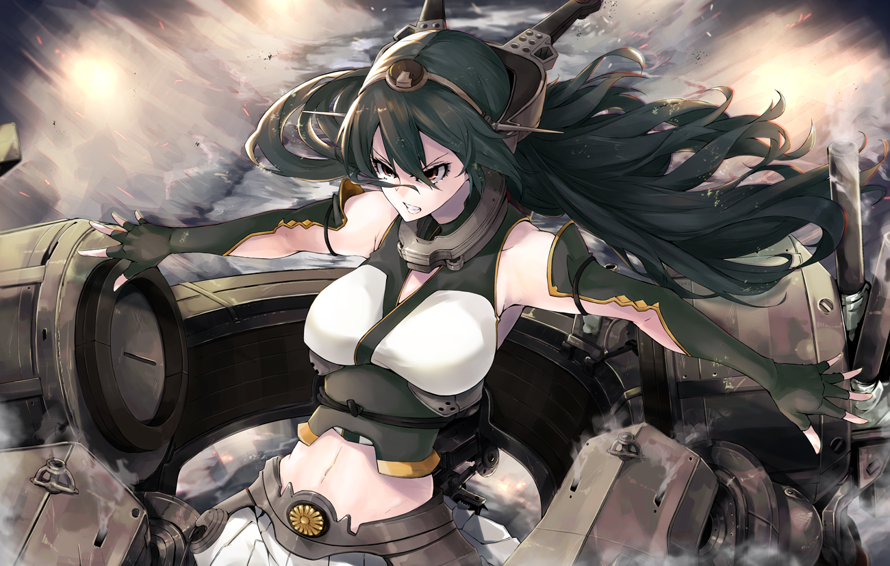 anthropomorphism, black_hair, brown_eyes, elbow_gloves, gloves, headband, kantai_collection, long_hair