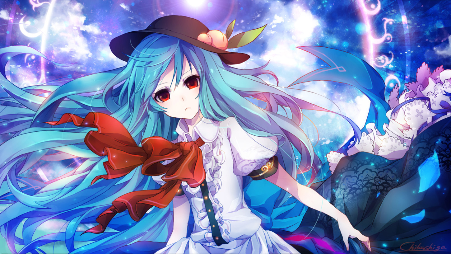 blue_hair, chikashige, hat, hinanawi_tenshi, long_hair, red_eyes, signed, touhou