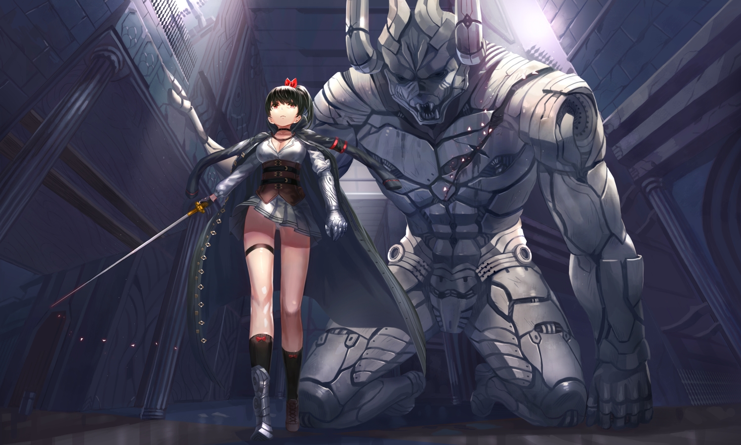 armor, black_hair, cape, choker, dress, kfr, kneehighs, mecha, original, ponytail, red_eyes, short_hair, skirt, sword, upskirt, weapon
