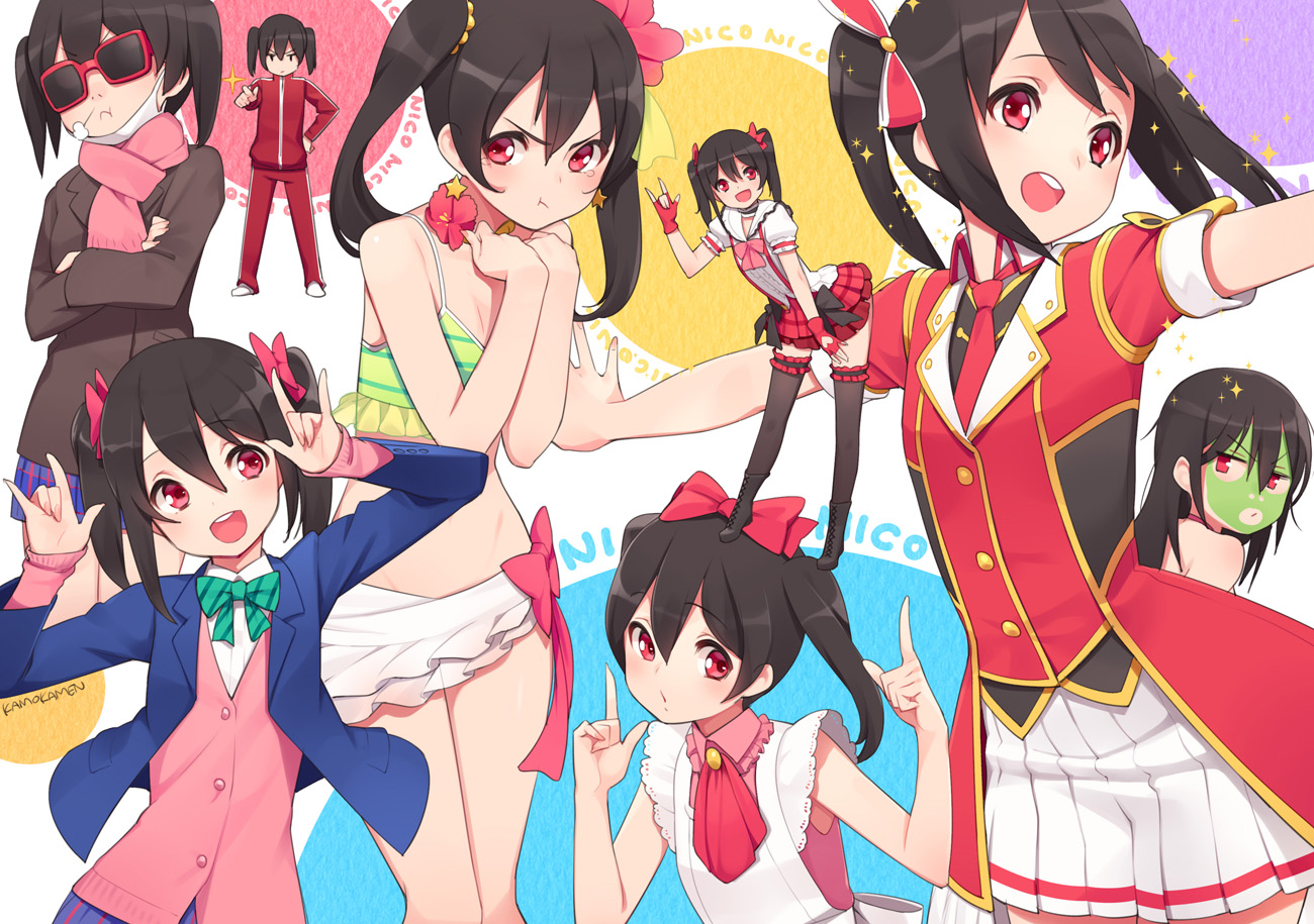 bikini, black_hair, bow, garter, gloves, long_hair, love_live!_school_idol_project, red_eyes, scarf, school_uniform, skirt, ssberit, sunglasses, swimsuit, thighhighs, twintails, yazawa_nico, zettai_ryouiki