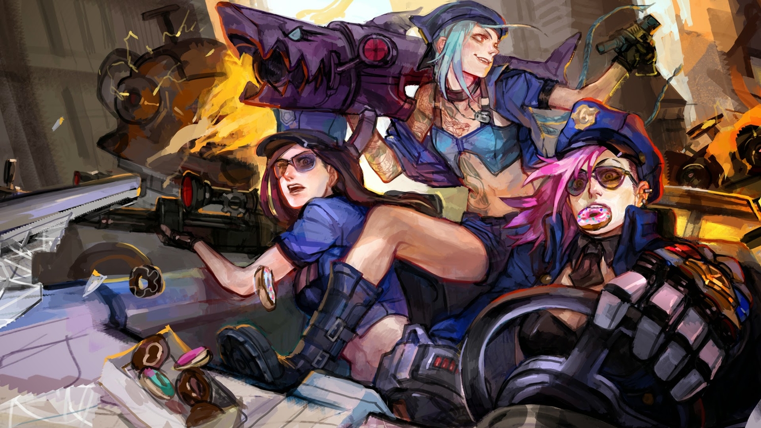 blue_hair, caitlyn, jinx_(league_of_legends), league_of_legends, pink_hair, police, vi_(league_of_legends)