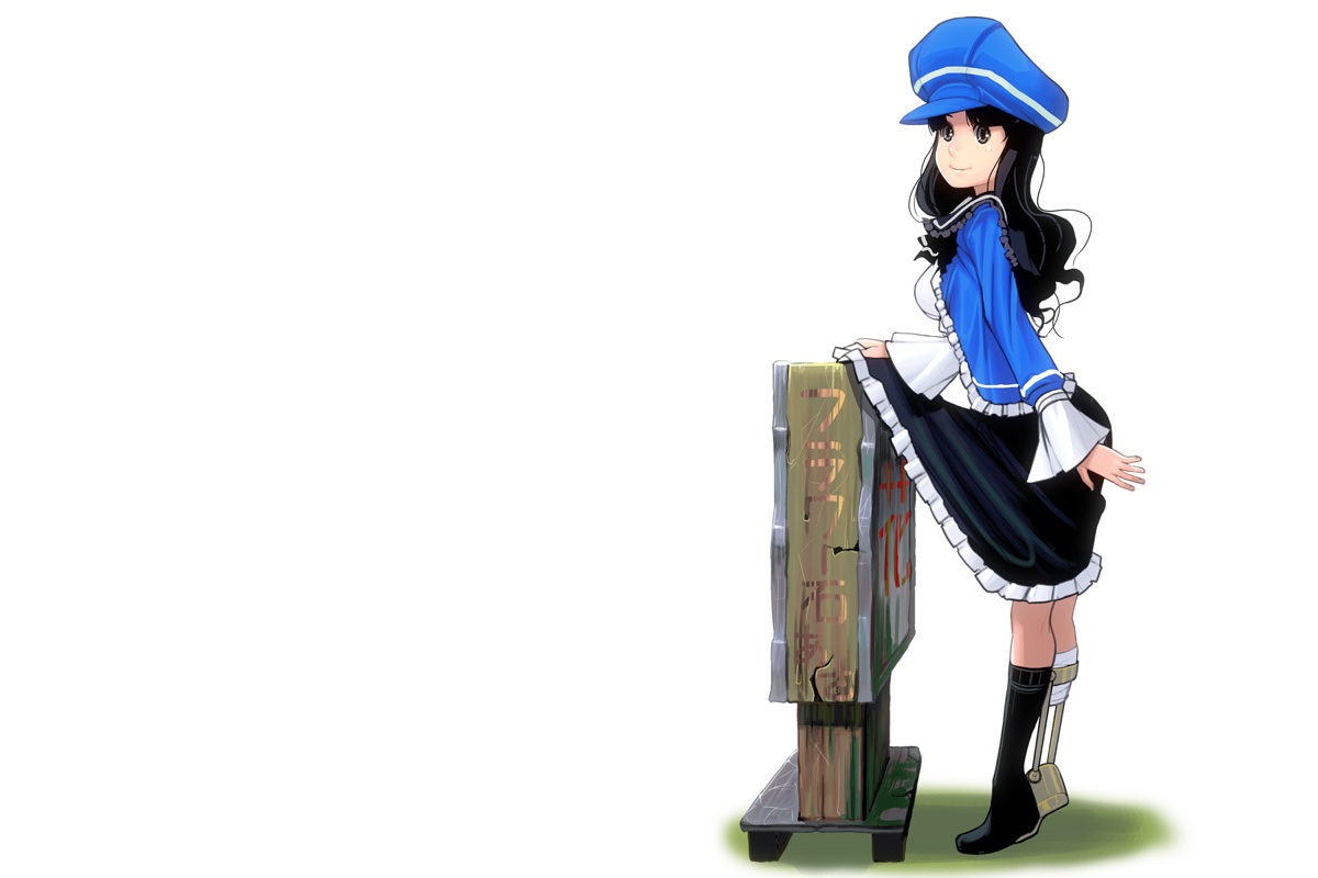 black_hair, dress, girl_with_golden_shoe, hat, kin_no_kutsu_gin_no_kutsu, long_hair, masao, original, skirt, socks, white