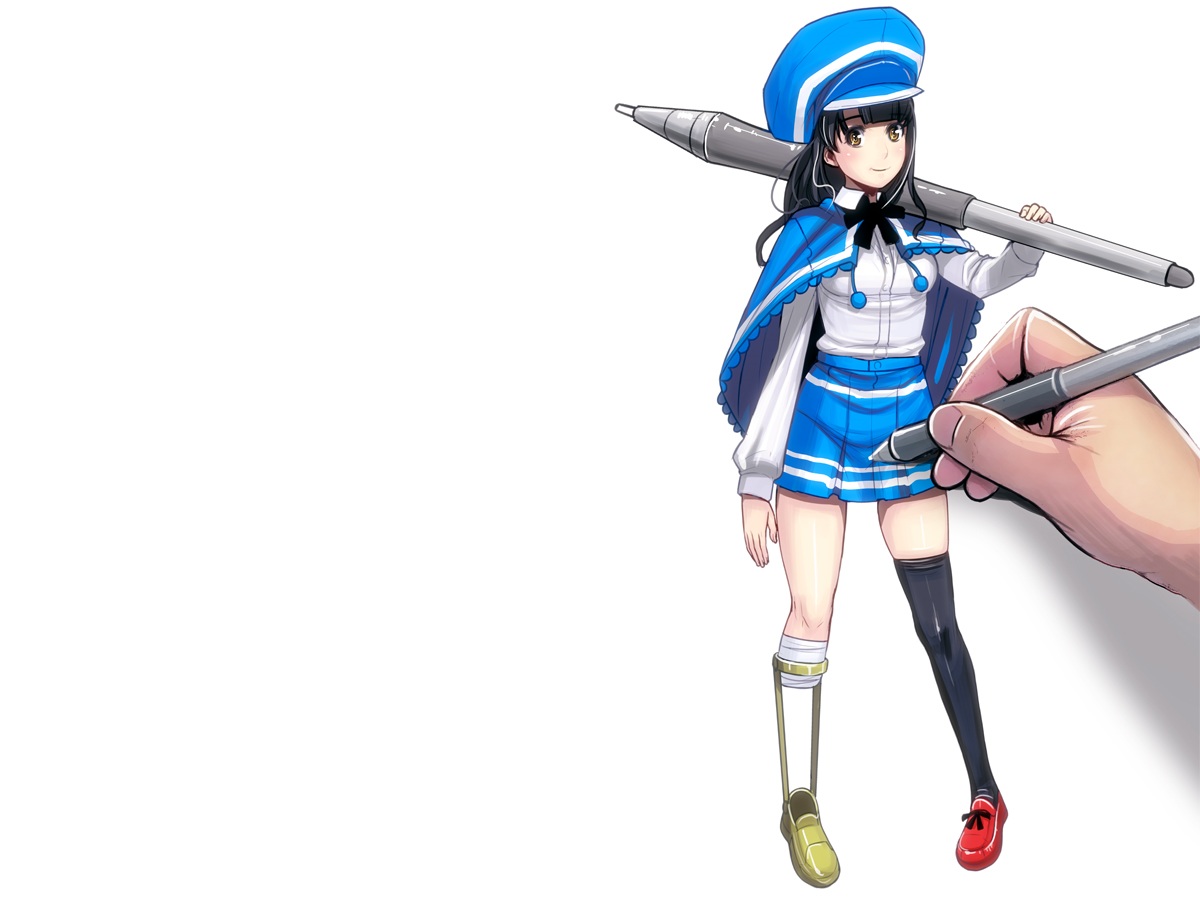 bandage, black_hair, brown_eyes, dress, girl_with_golden_shoe, hat, kin_no_kutsu_gin_no_kutsu, long_hair, masao, skirt, thighhighs, white, zettai_ryouiki