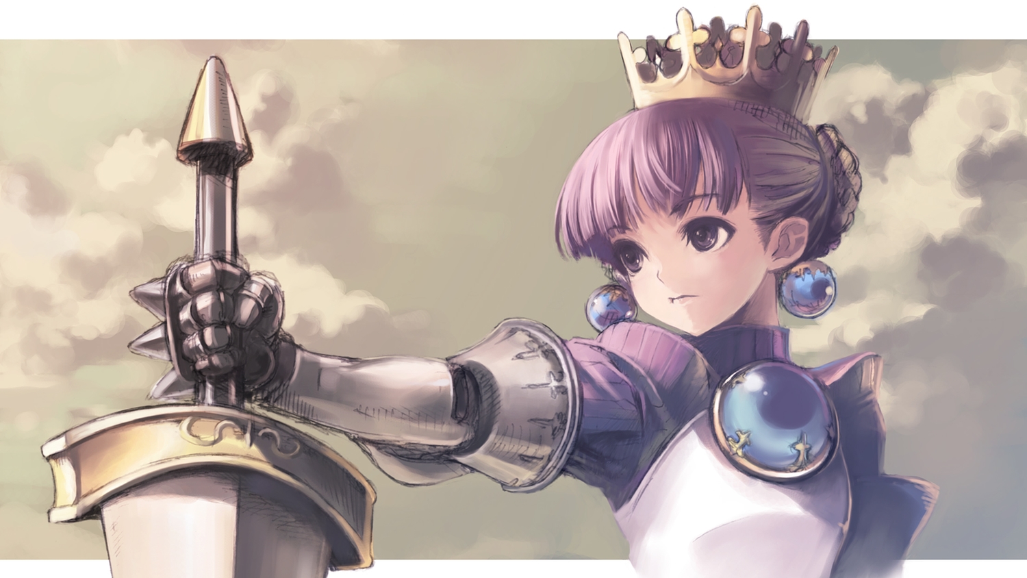 armor, crown, gradriel, kawata_hisashi, princess_crown, purple_eyes, purple_hair