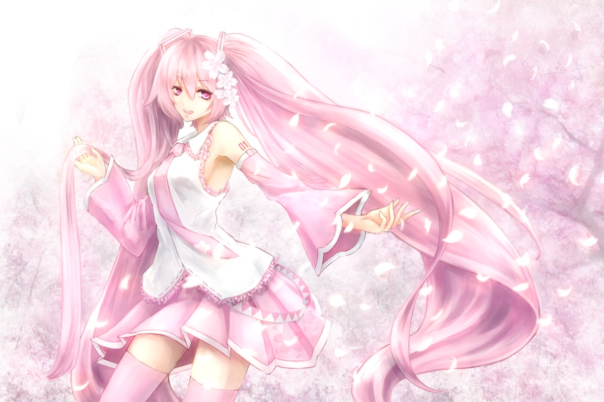 hatsune_miku, long_hair, mia_(yanaginiame), petals, pink_eyes, pink_hair, sakura_miku, tie, twintails, vocaloid, zettai_ryouiki