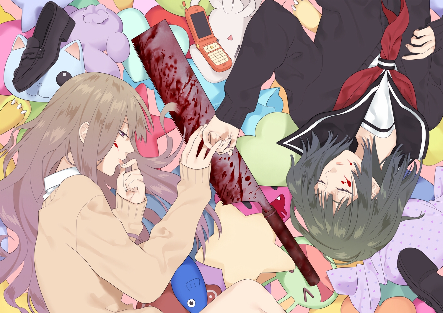 2girls, blood, kosagi_midori, original, phone, school_uniform, weapon