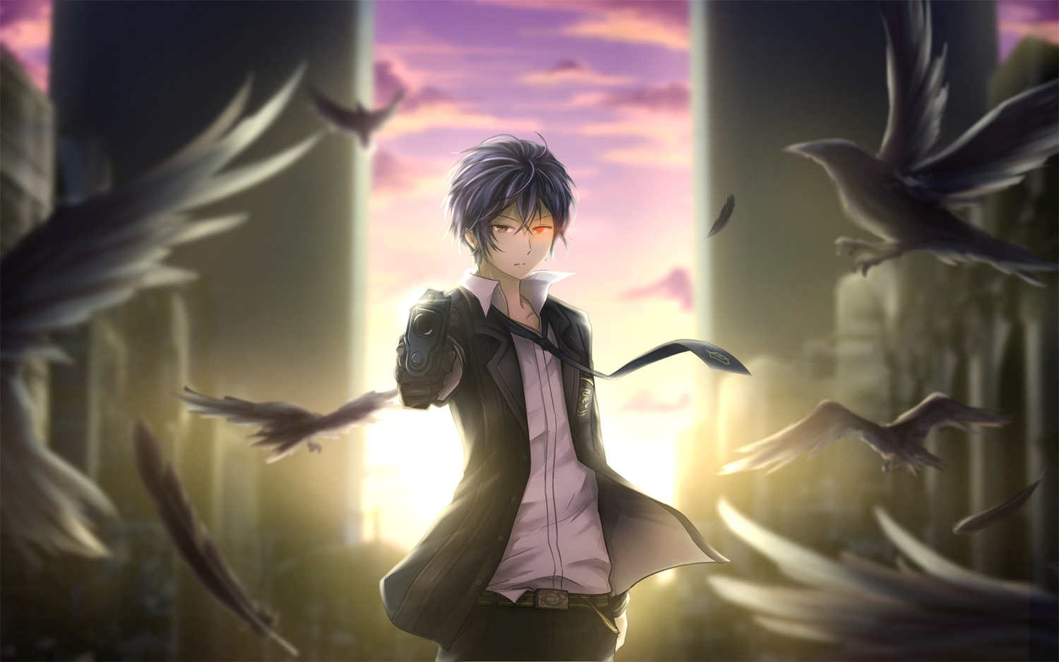 all_male, animal, asakurashinji, bicolored_eyes, bird, black_bullet, black_hair, gun, male, satomi_rentarou, short_hair, tie, weapon