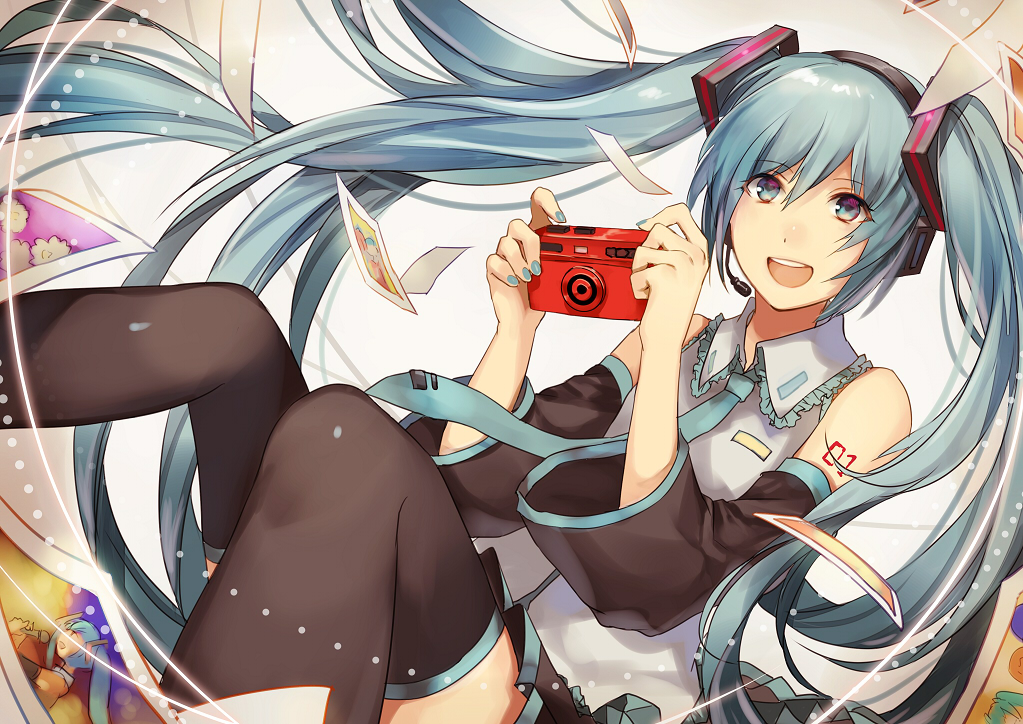 aqua_eyes, aqua_hair, camera, hatsune_miku, headphones, long_hair, paper, thighhighs