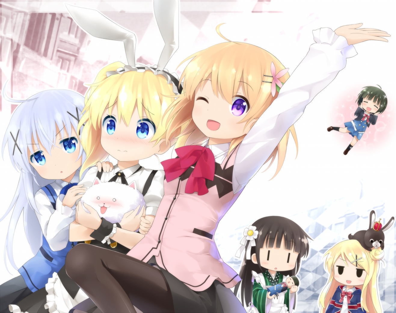 alice_cartelet, animal, anko_(gochiusa), crossover, gochuumon_wa_usagi_desu_ka?, haribote_(tarao), hoto_cocoa, kafuu_chino, kiniro_mosaic, kujou_karen, oomiya_shinobu, pantyhose, rabbit, school_uniform, tippy_(gochiusa), ujimatsu_chiya