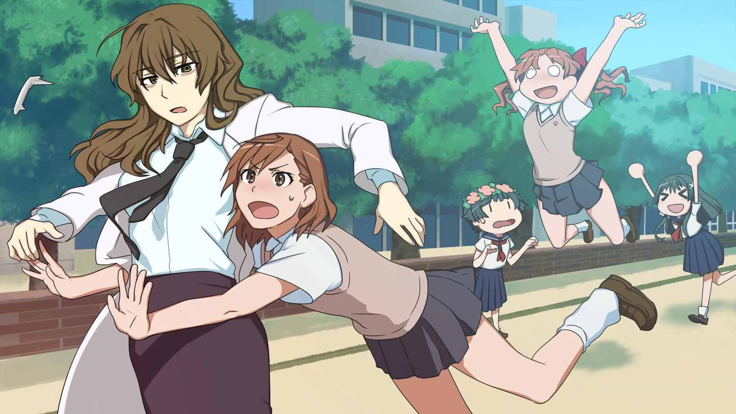 black_hair, brown_eyes, brown_hair, building, kiyama_harumi, misaka_mikoto, rocker, saten_ruiko