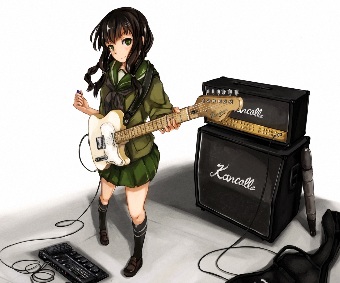 anthropomorphism, black_hair, green_eyes, guitar, instrument, kantai_collection, kitakami_(kancolle), maki_pei
