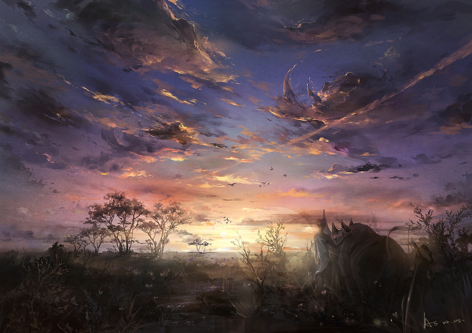 animal, a-shacho, bird, clouds, landscape, original, scenic, sky