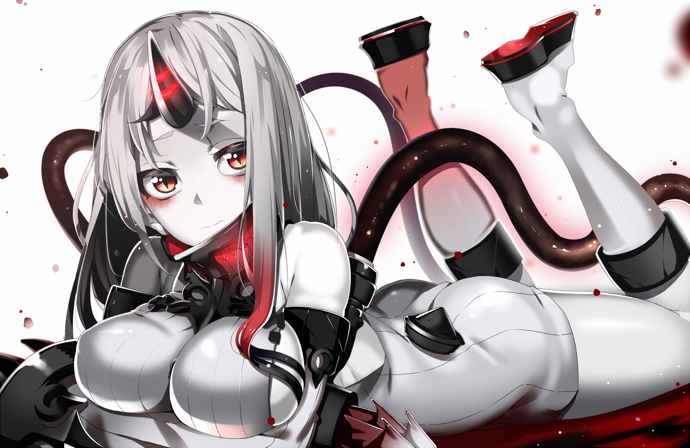 anthropomorphism, blush, breasts, gray_hair, horns, kantai_collection, koko_shiguma, long_hair, red_eyes, seaport_hime