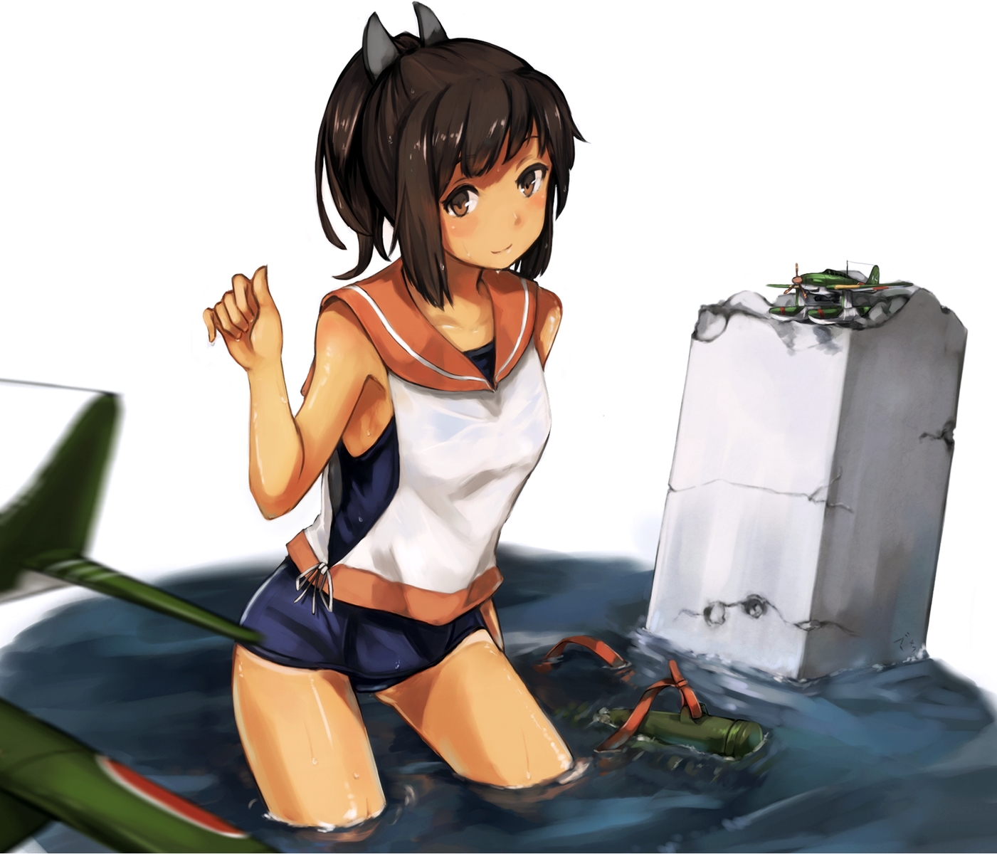 anthropomorphism, brown_eyes, brown_hair, i-401_(kancolle), kantai_collection, maki_pei, school_swimsuit, short_hair