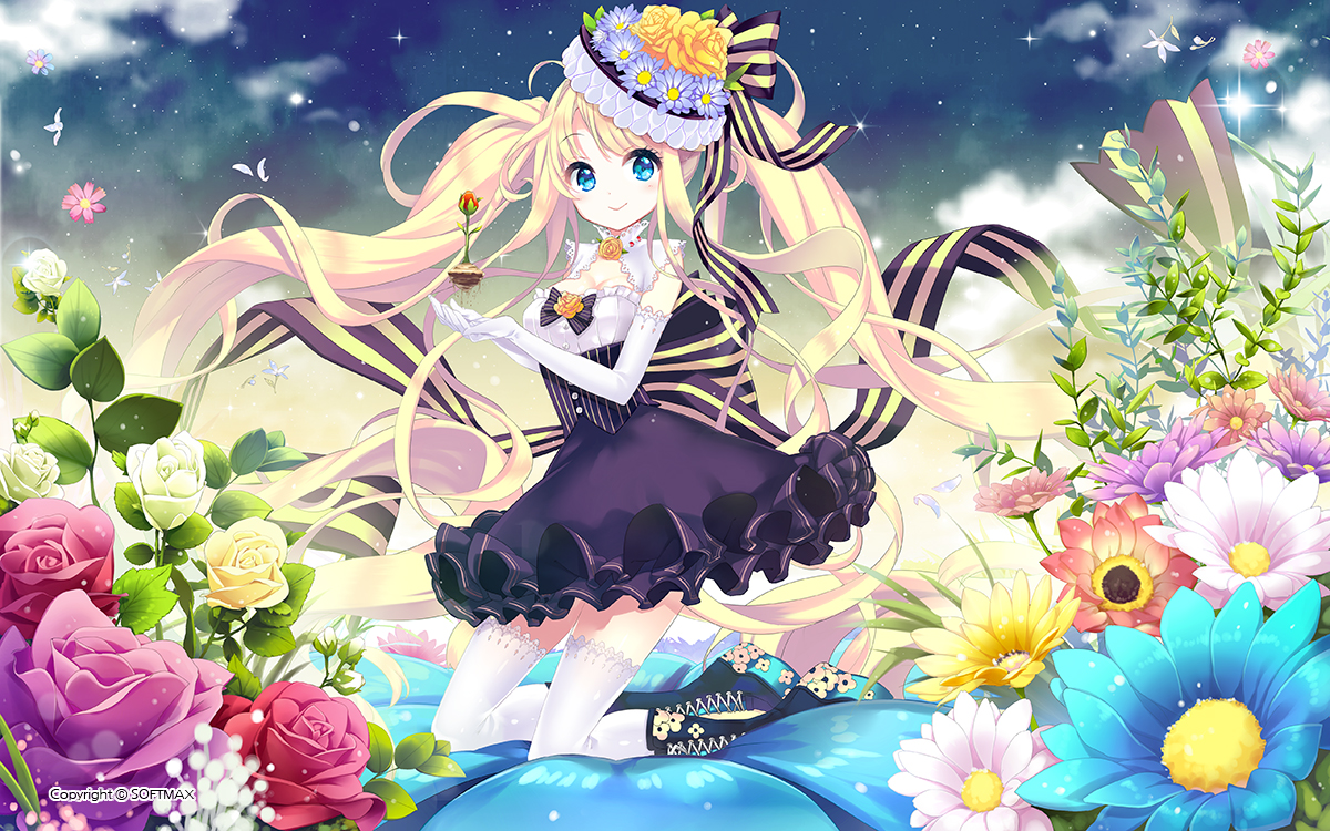 blonde_hair, blue_eyes, boots, dress, elbow_gloves, e-nya, flowers, gloves, hat, leaves, long_hair, original, thighhighs, twintails